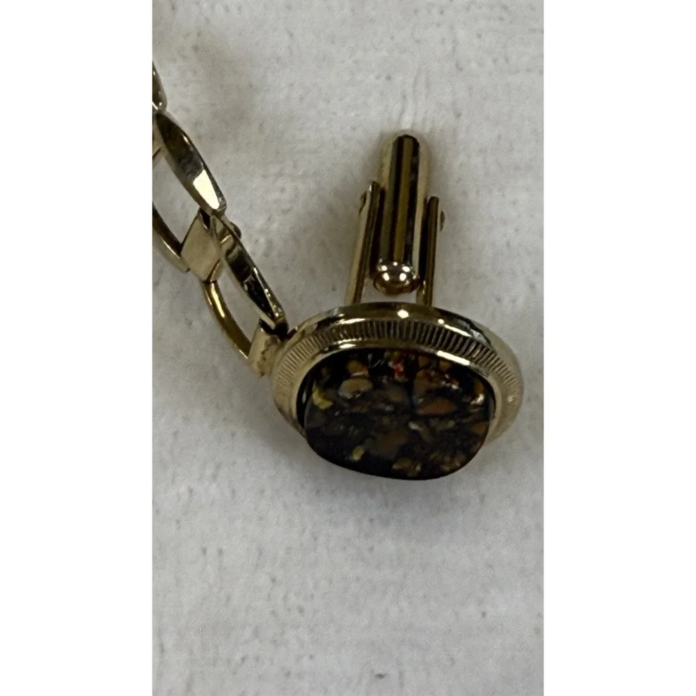 Gold Tone Oval Mosaic Inlay Cufflinks Brown Amber Stone Look Men's Formal